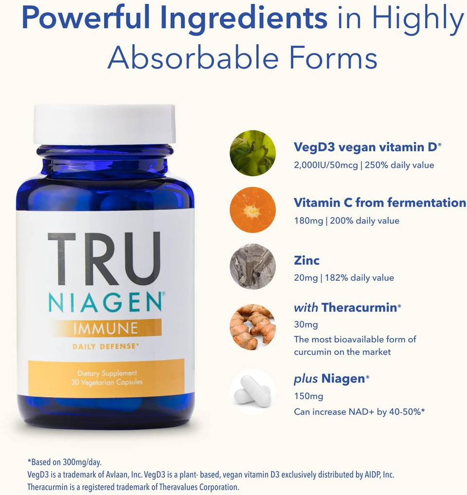 Tru Niagen Immune Support Supplement - Daily Defense, Vitamin C From Fermentation, Vegan Vitamin D3 2000 Iu, Zinc, Plus Theracurmin (Curcumin) + Multi Award-Winning Nad Boosting Niagen 150Mg 60Ct