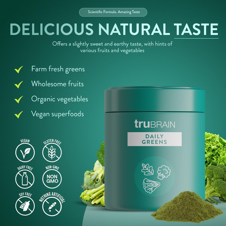 Trubrain Daily Greens: Sustained Brain Nourishment | 75 Plant-Based Ingredients, Superfoods, & Probiotics In Greens Powder | Vegan, Paleo, Keto-Friendly