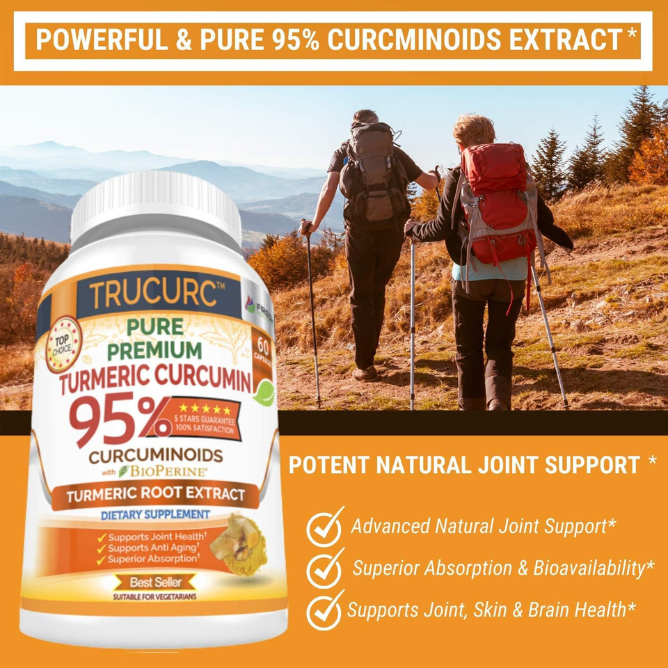 Trucurc Turmeric Curcumin With Black Pepper Supplement With 95% Pure Curcumin - Potent Joint Support Supplement - Max Absorption For Natural Joint Health Support - 60 Turmeric Capsules