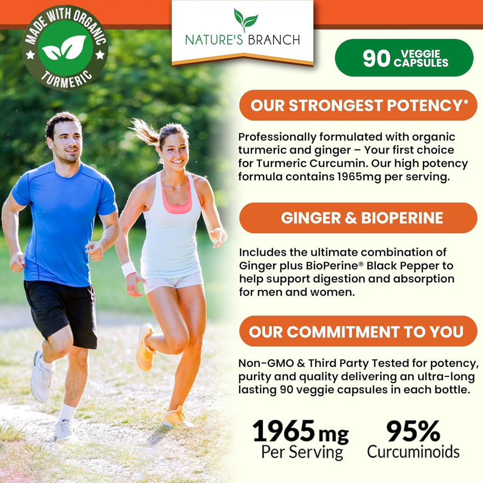 Turmeric And Ginger Supplement | Organic Powder & Bioperine 1965Mg | Joint Support With Black Pepper Extract And Curcumin | Made In Usa, Vegan, Non Gmo Pills | Extra Strength 90 Capsules