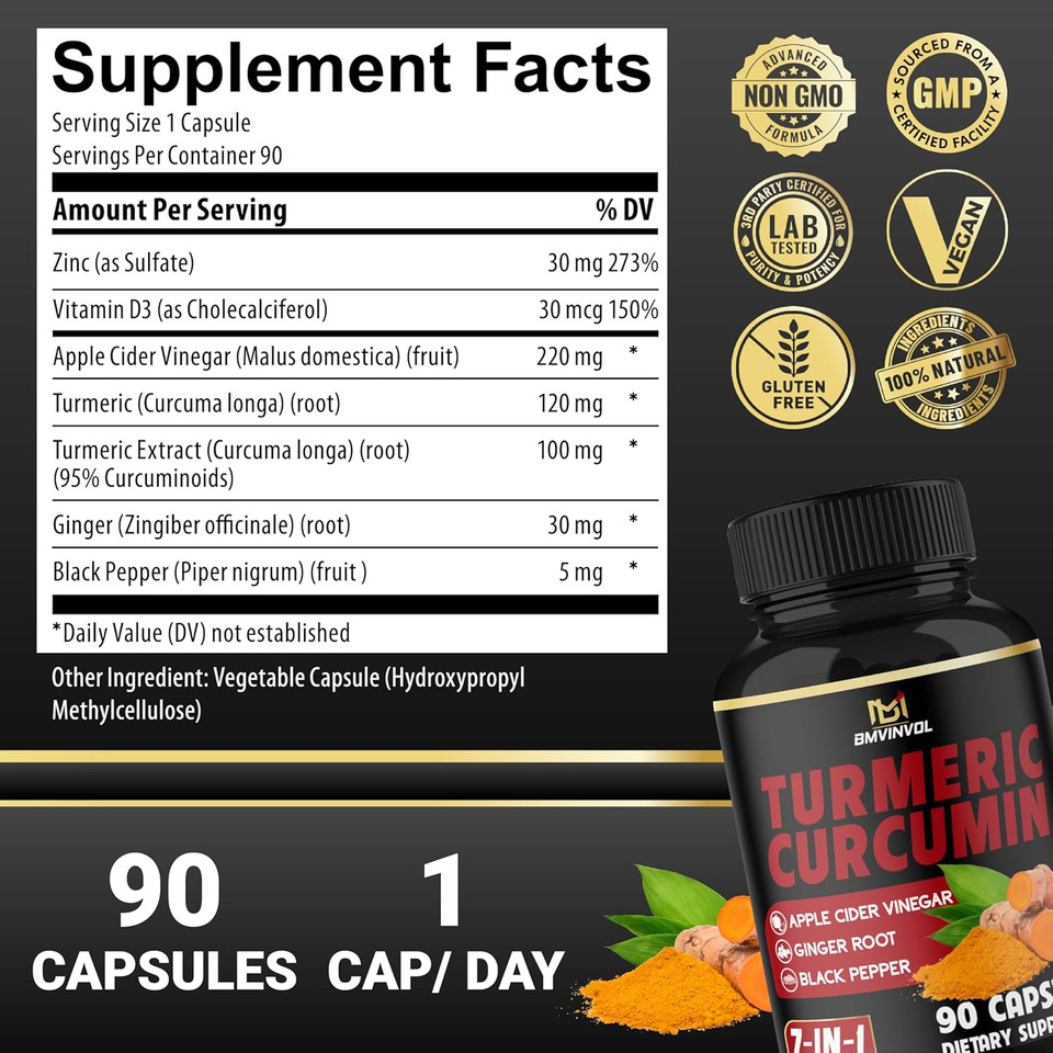 Turmeric Curcumin - 95% Curcuminoids & Apple Cider Vinegar, Ginger Root And Black Pepper For Advanced Absorption - Supports Immune System - 90 Capsules [3-Month Supply]