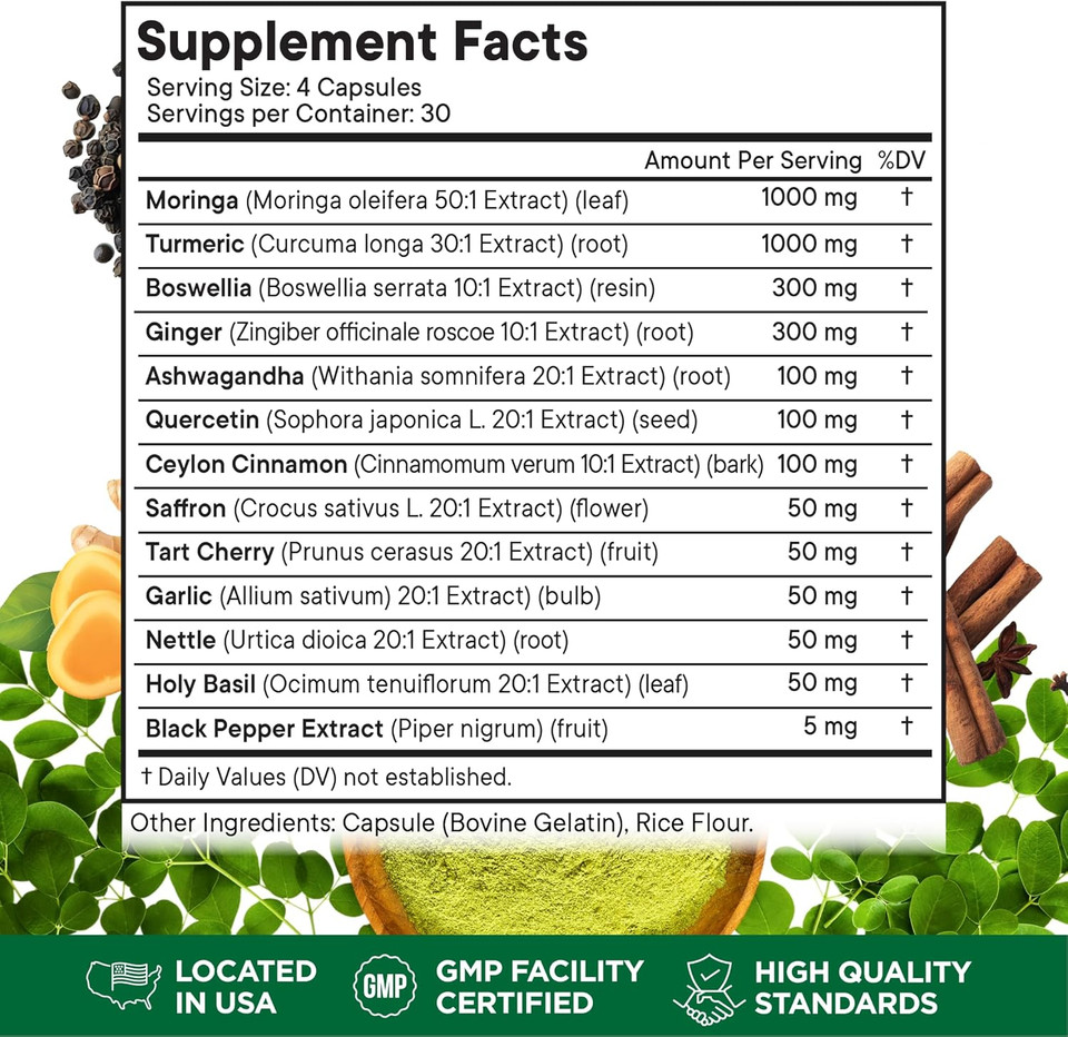 Turmeric Moringa Supplement | Ginger, Boswellia, Saffron, Holy Basil- Joint Support Supplement For Women And Men With Ceylon Cinnamon, Quercetin, Tart Cherry- 240 Count