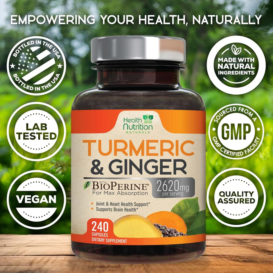 Turmeric Supplement Curcumin 2600Mg - With Organic Ginger & Turmeric, Bioperine Black Pepper Extract 95% Curcuminoids - Advanced Absorption Antioxidant & Joint Support - Vegan - 240 Capsules