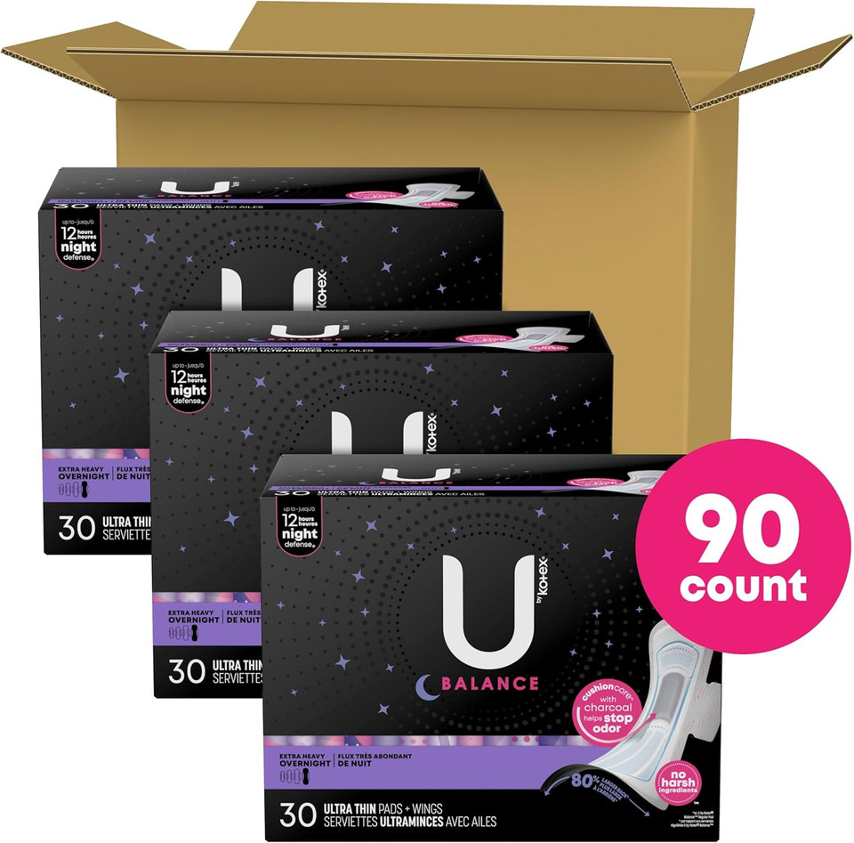 U By Kotex Balance Ultra Thin Pads With Wings, Overnight Absorbency, 38 Count