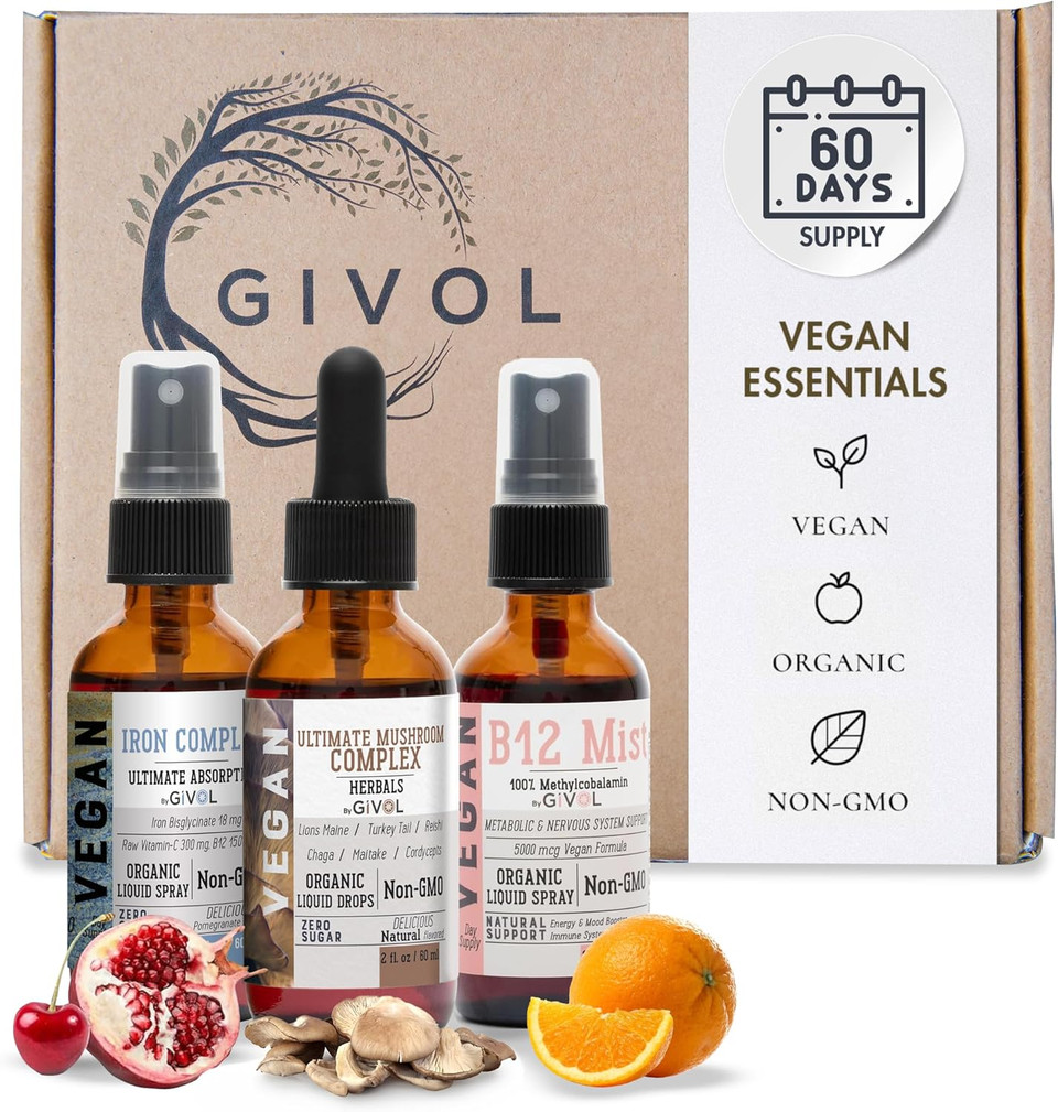 Ultimate Vegan Essential Bundle Liquid Spray- Ultimate Mushroom Complex, Iron Bisglycinate, And Vitamin B12 Methylcobalamin, All Natural, Non-Gmo, Gluten Free, Sugar Free 2 Fl Oz 360 Days Supply