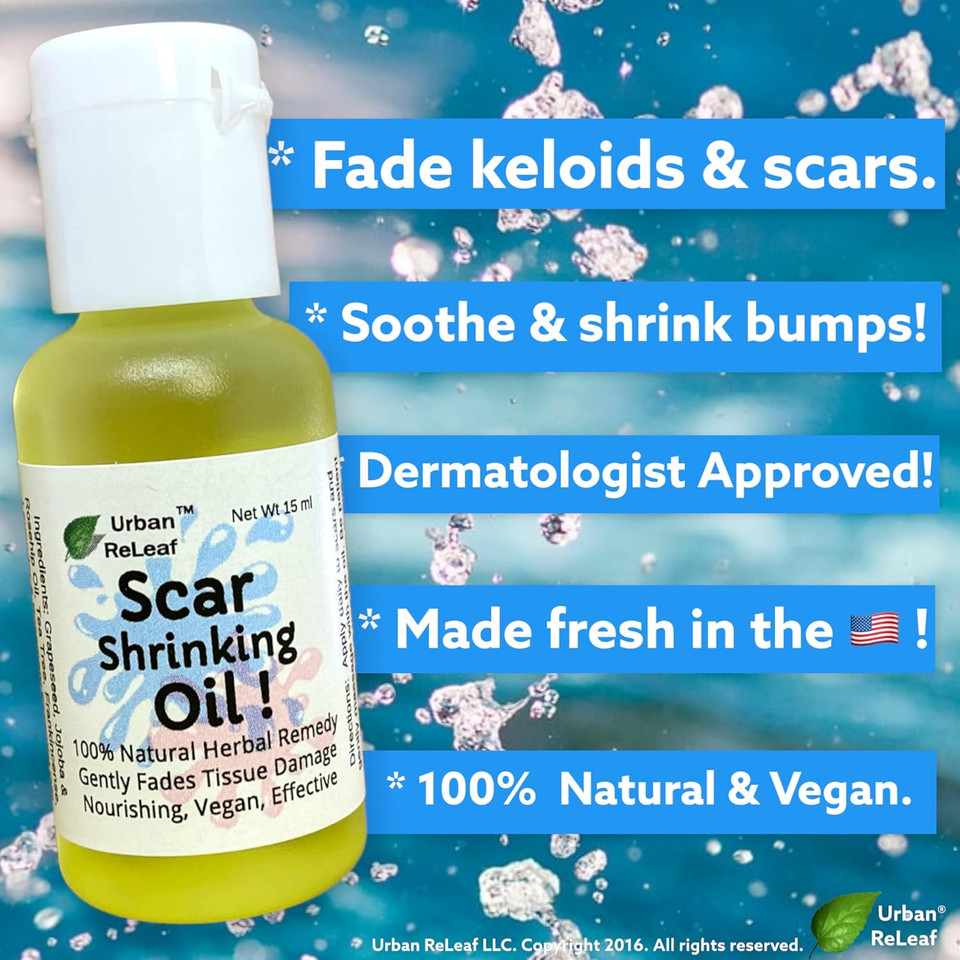 Urban Releaf Scar Shrinking Oil ! Gently Fades Tissue Damage, Nourishing Vegan Effective. Helps Keloids, Bumps, Raised Scars. 100% Natural Remedy