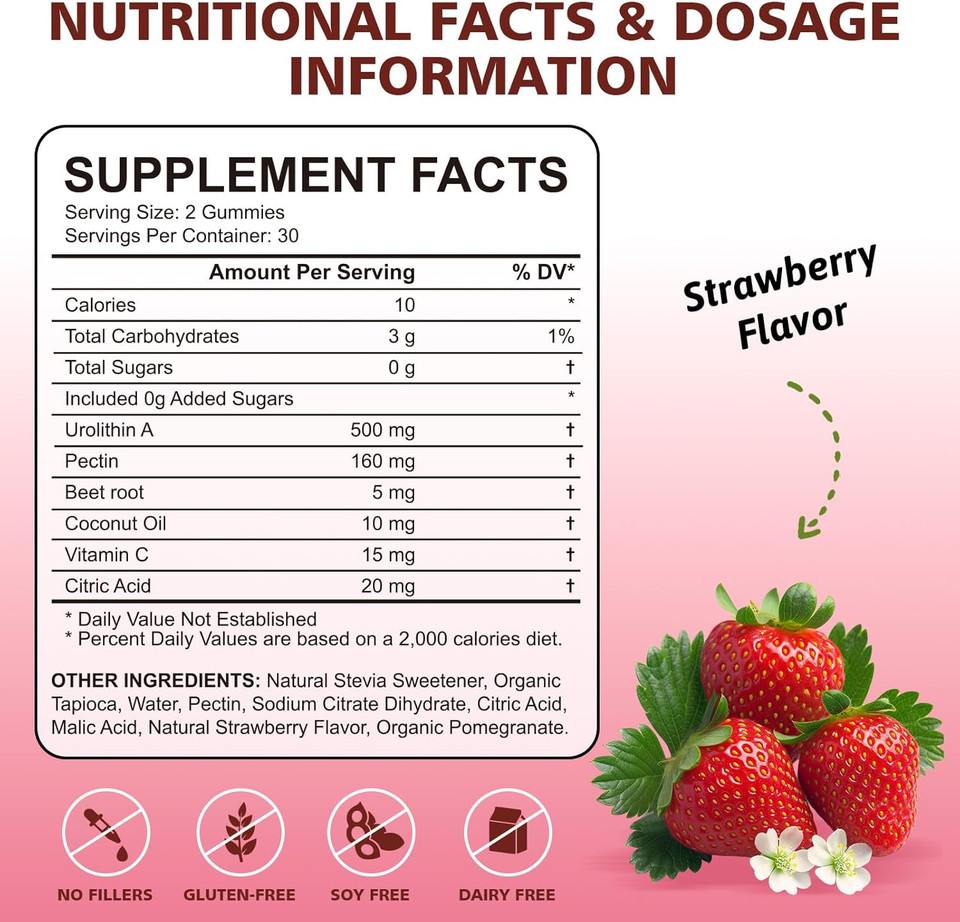 Urolithin A Supplement Gummies 500Mg:Urolithin A+ Supplement For Healthy Aging Antioxidants And Mitochondrial Support,Non-Gmo Vegan Friendly(60 Count)