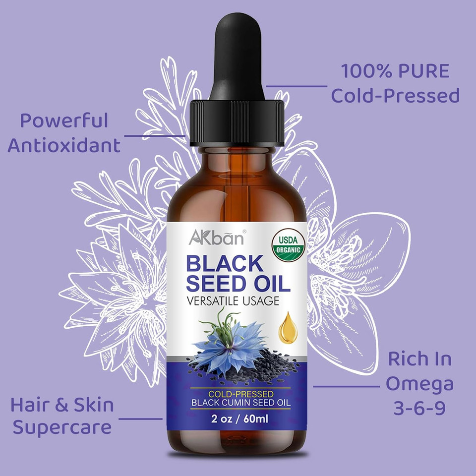 Usda Premium Black Seed Oil Organic Cold Pressed, 100% Pure Unrefined, Rich In Tq & Omega 3 6 9, Black Cumin Oil Liquid For Skin Health Hair Care - Glass Bottle, 2 * 2 Fl Oz