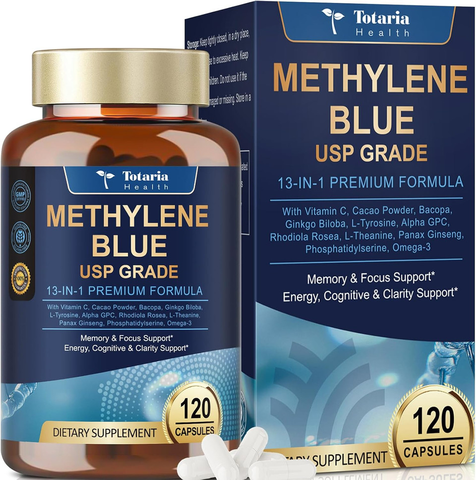 Usp Methylene Blue Pharmaceutical Grade, 13 In 1 Upgrade Patented Brain Formula With Vitamin C Ester, Bacopa, Phosphatidylserine, Omega-3 Fatty Acids - Memory, Focus, Clarity, Cognitive, 120 Count