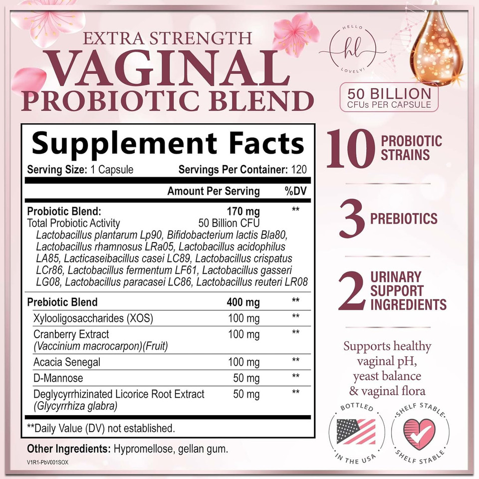 Vaginal Probiotics For Women - Vaginal Ph Flora Feminine Health Balance Support - 50 Billion Cfu Per Capsule, Odor Digestive Immune Support - Womens Probiotics Supplement With Cranberry - 60 Capsules