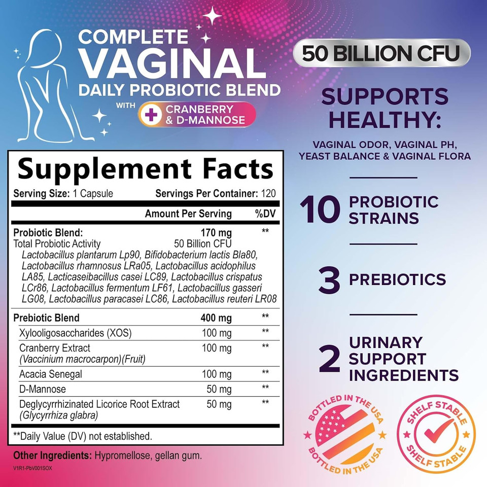 Vaginal Probiotics For Women Ph Balance With Prebiotics, 50 Billion Cfu, 10 Probiotic Strains, Cranberry, D-Mannose & Xos - Healthy Vaginal Odor & Flora, Ut & Feminine Digestive Health - 120 Capsules