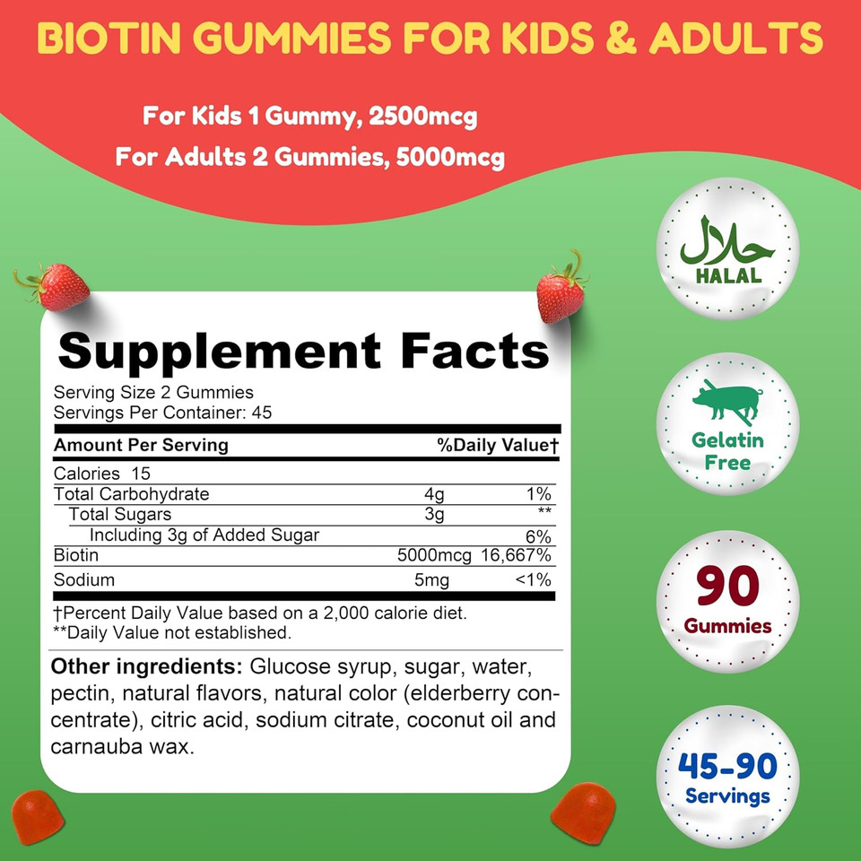 Vegan Biotin Gummies For Adult & Kids | 90 Gummies | 5000 Mcg 45 Servings | Non-Gmo | Gluten, Gelatin, Peanuts, Egg & Dairy Free | Biotin Gummy Vitamins For Hair, Skin & Nails Halal