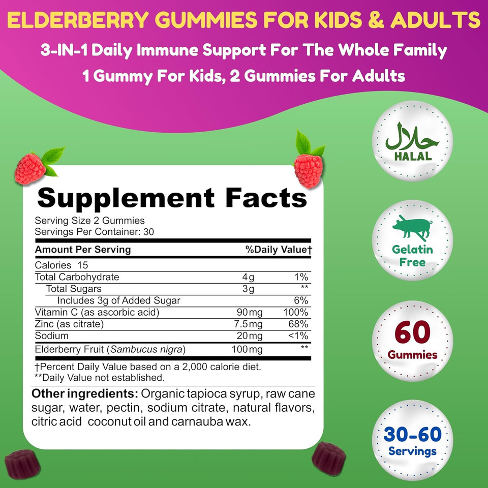 Vegan Black Sambucus Elderberry Gummies | Non-Gmo | 60 Gummies, 30 Serving W/ 100Mg Elderberry, 90Mg Vitamin C, 7.5Mg Zinc | Immune Support, Antioxidant Flavonoids Halal Vitamins