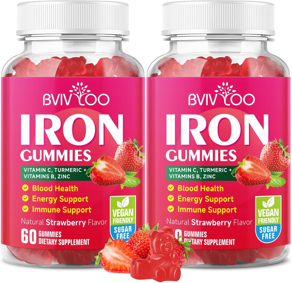 Vegan Iron Gummies For Adults & Kids - With Vitamin C, A, B-Complex, Folate, Zinc, And Biotin - For Blood Building & Energy Support, 60 Gummies