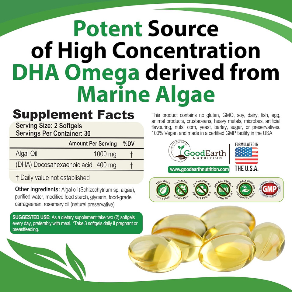 Vegan Omega 3 - Carrageenan Free Plant Based Algal Dha/Epa- 60 Veggie Softgels - Supports Brain, Heart & Prenatal Health - Essential Fatty Acids Supplements