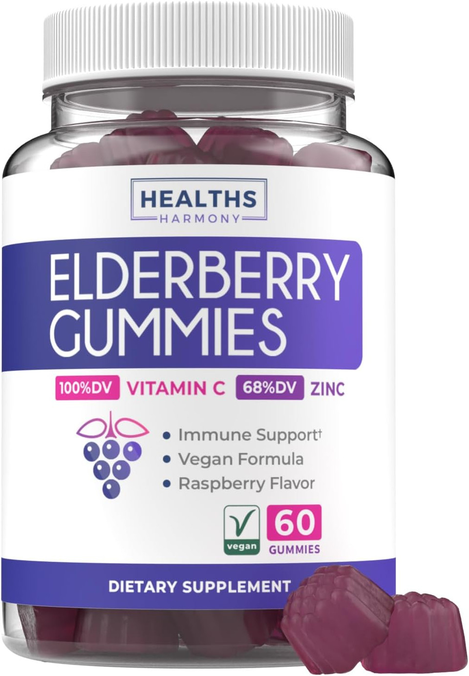 Vegan Sambucus Elderberry Gummies For Adults - Black Elderberry Vitamin C And Zinc Gummies For Daily And Seasonal Wellness - Delicious And Nutritious Immune Support Gummy (1 Month Supply)