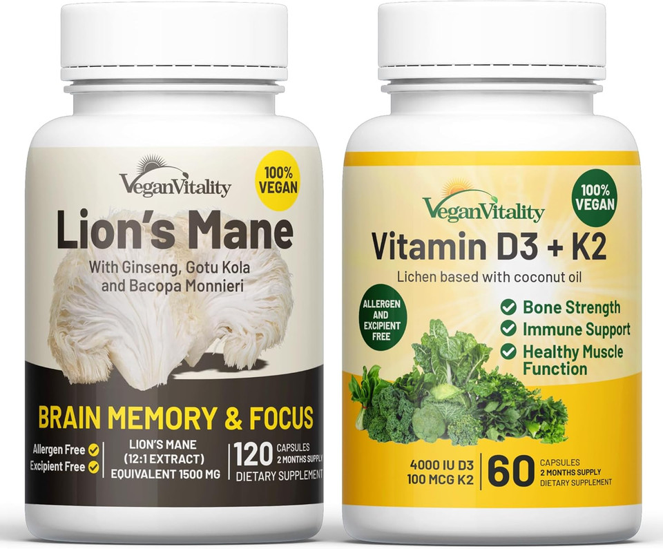 Vegan Vitality Brain & Body Balance Bundle: 120 Lions Mane Mushroom Nootropic Brain Support Supplement And 60 Vegan Vitamin D3 + K2 4000Iu (100Mcg)