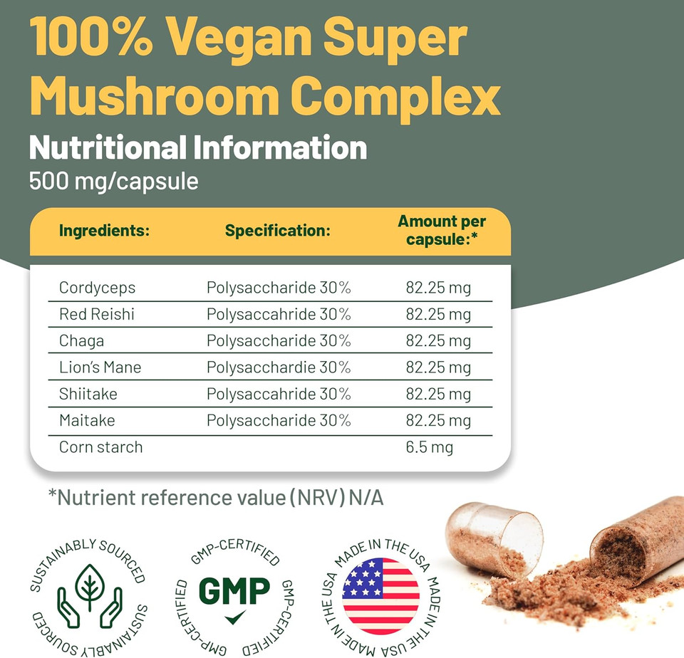 Vegan Vitality Multi Mushroom Supplement Complex - 120 Capsules With Reishi, Chaga, Shitake, Maitake, Lion'S Mane And Cordyceps For Brain, Energy, Focus & Memory Support