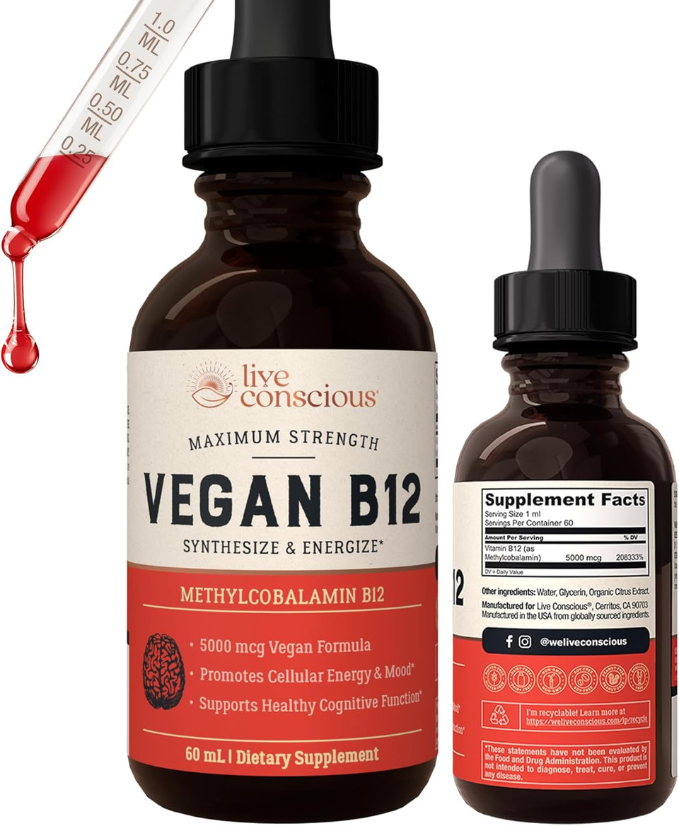 Vegan Vitamin B12 Sublingual Liquid Drops By Live Conscious- Methylcobalamin Max Strength B12 5000Mcg Formula - Vegan B 12 Vitamin Support Energy, Promote Memory & Aid Immune System - 60 Serving