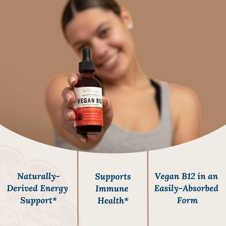 Vegan Vitamin B12 Sublingual Liquid Drops By Live Conscious- Methylcobalamin Max Strength B12 5000Mcg Formula - Vegan B 12 Vitamin Support Energy, Promote Memory & Aid Immune System - 60 Serving