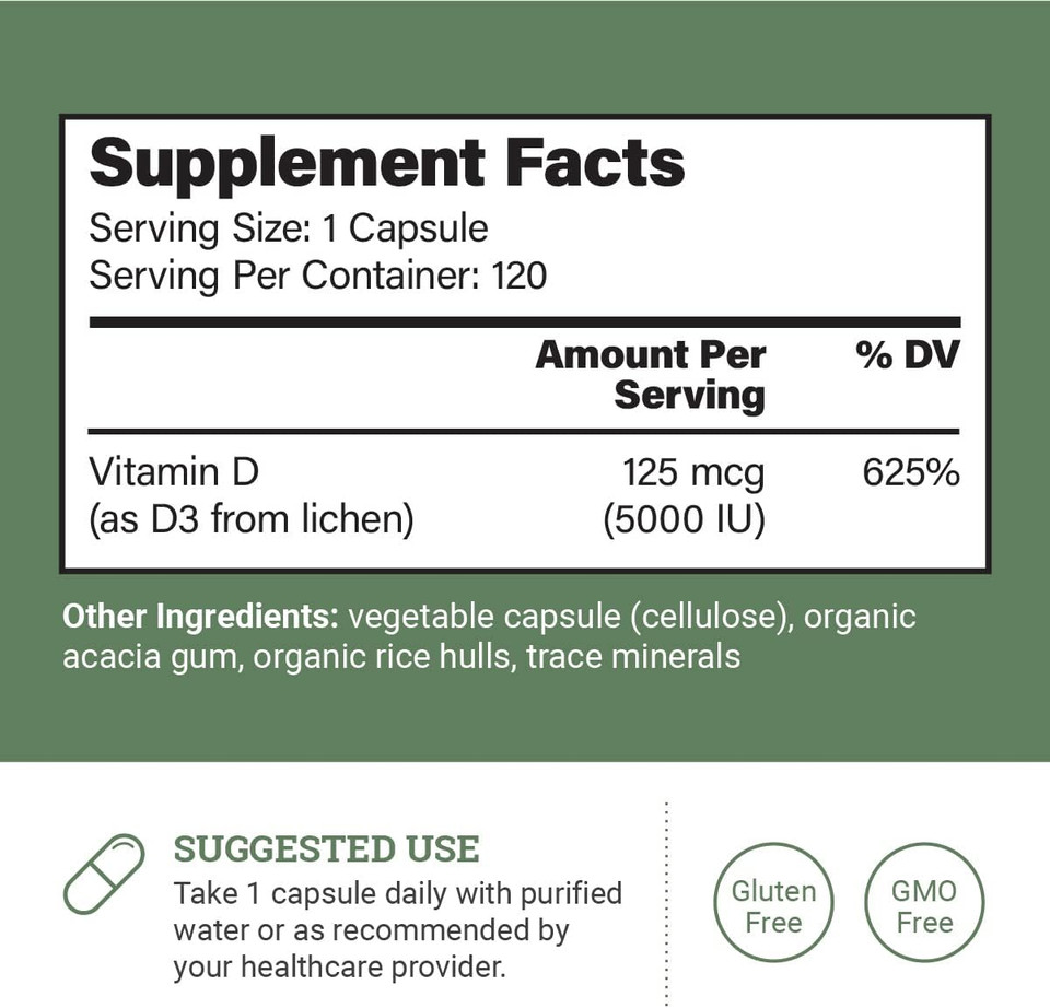Vegan Vitamin D3 5000 Iu Supplement - Pure, High Potency Supplements For Immune Health & Strong Bones Support - Vitamin D 5000 Iu - 120 Capsules, 4-Month Supply
