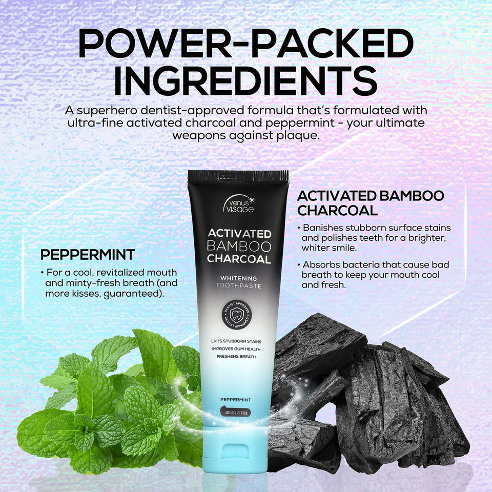 Venus Visage Activated Charcoal Toothpaste For Whitening - Effective Teeth Whitening Toothpaste For Surface Stains - Peppermint Flavor (3.7 Oz/105 G)