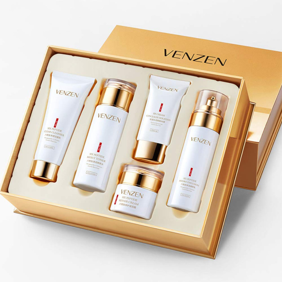 Venzen Six Peptide Conditioning Skin Care Balance Water Natural Moisture Toner Set Cleanser Hydro Emulsion Bb Cream 5 Pcs Gift Set 100G+120Ml+80Ml+50G+40G