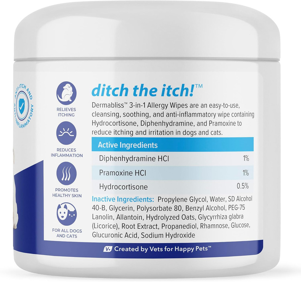 Vetnique Dermabliss 3-In-1 Medicated Dog Wipes - Relief For Itchy Skin, Allergies & Odor Control, Gentle No-Sting Formula, Antihistamine & Hydrocortisone Paw Wipes For Dogs & Cats 50 Count