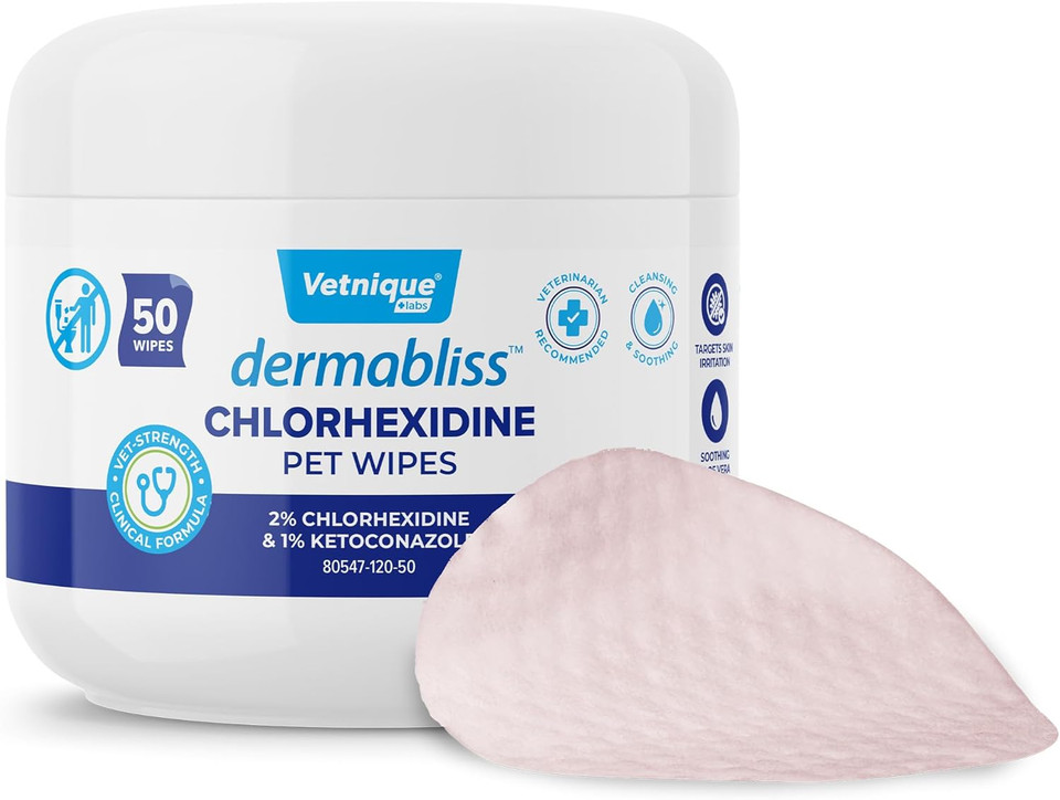 Vetnique Dermabliss Chlorhexidine For Dogs Skin Health Antibacterial Wipes For Dogs For Infections, Irritation & Redness Relief (Skin Wipes, 50 Count)