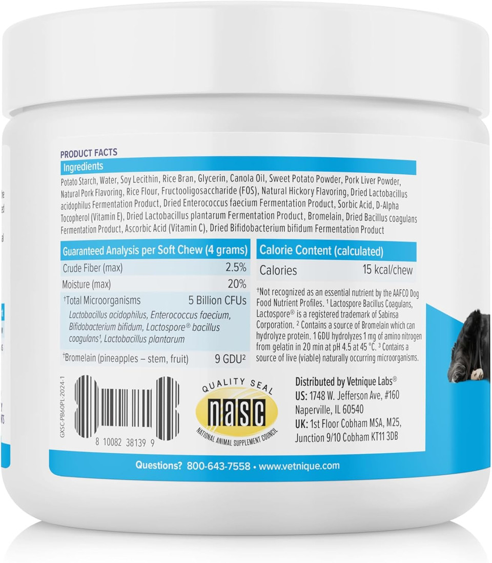 Vetnique Glandex Daily Probiotics For Dogs With Prebiotics To Support Gut Health With Fiber And Digestive Enzymes, Bacon Flavor Soft Chews, 60 Probiotic Chews For Dogs