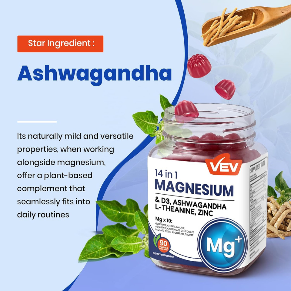Vev 14-In-1 Magnesium Complex Gummies  With Ashwagandha, L-Theanine, D3 & Zinc  Cortisol Supplements For Women  90 Sugar-Free Vegan Magnesium Glycinate Complex Gummies