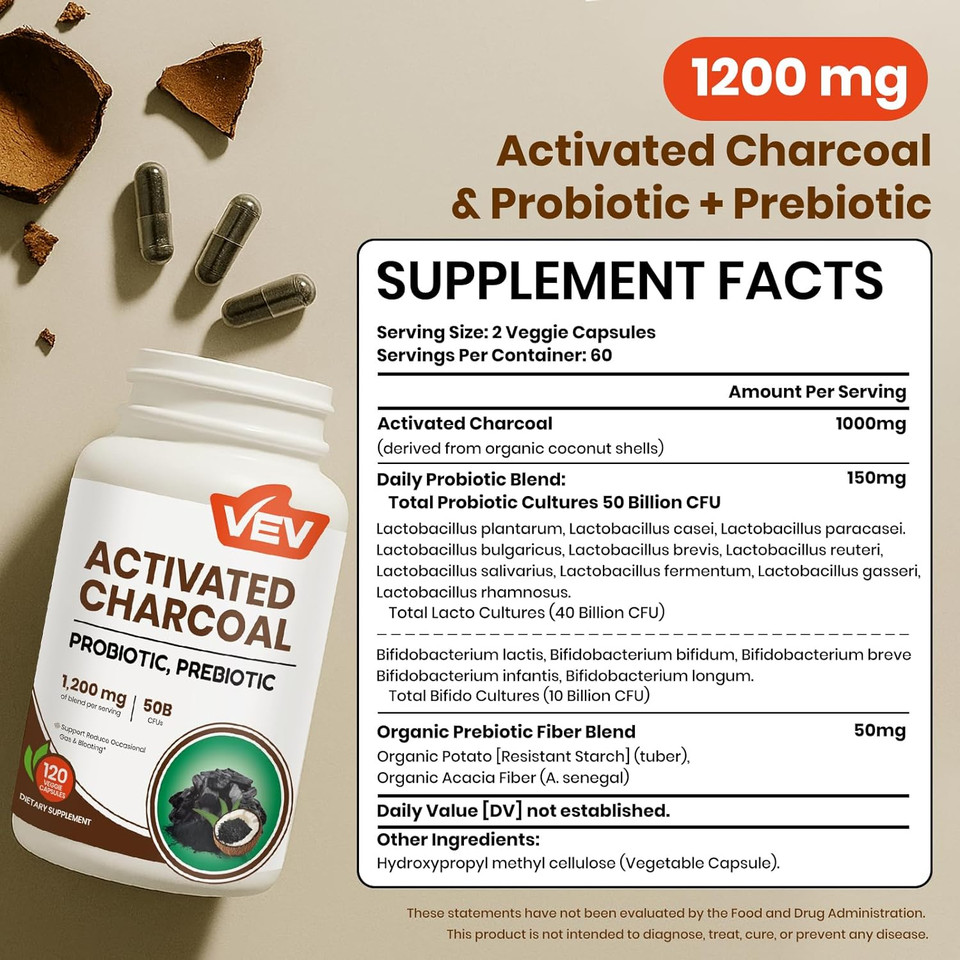 Vev Activated Charcoal With Organic Coconut Shell Charcoal & 50 Billion Probiotics  120 Vegan Capsules For Digestive Wellness & Dietary Support