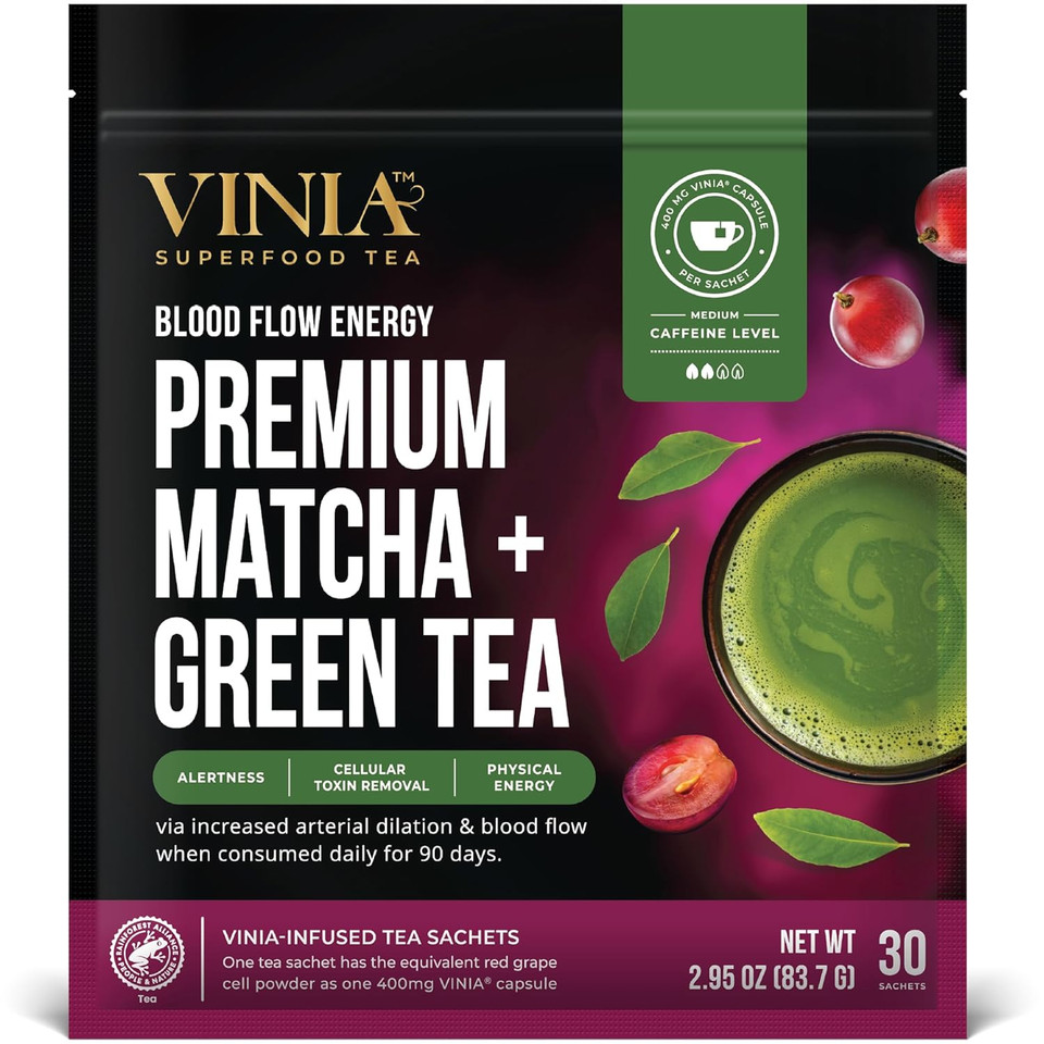 Vinia Premium Matcha + Green Tea Bags, Made With Organic Tea, Infused With Piceid Resveratrol For Heart Health, Nitric Oxide, Physical Energy, Alertness, Blood Flow, Keto, Kosher, Non-Gmo. 30 Ct