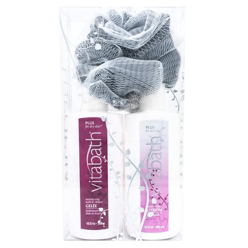 Vitabath Plus For Dry Skin Everyday Skincare Set Moisturizing Shower Gel Wash, Reviving Lotion & Exfoliating Body Scrubber Pouf - Nourishing Foam Cleanser & Dry Skin Hydration For Women & Men