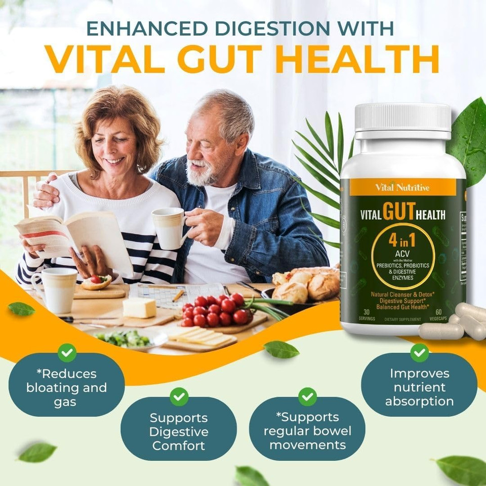 Vital Gut Health 4In1 Formula With Apple Cider Vinegar, Prebiotics & Probiotics, Digestive Enzymes For Strong Immunity Support And Complete Gut And Digestion Support- 60 Days Supply