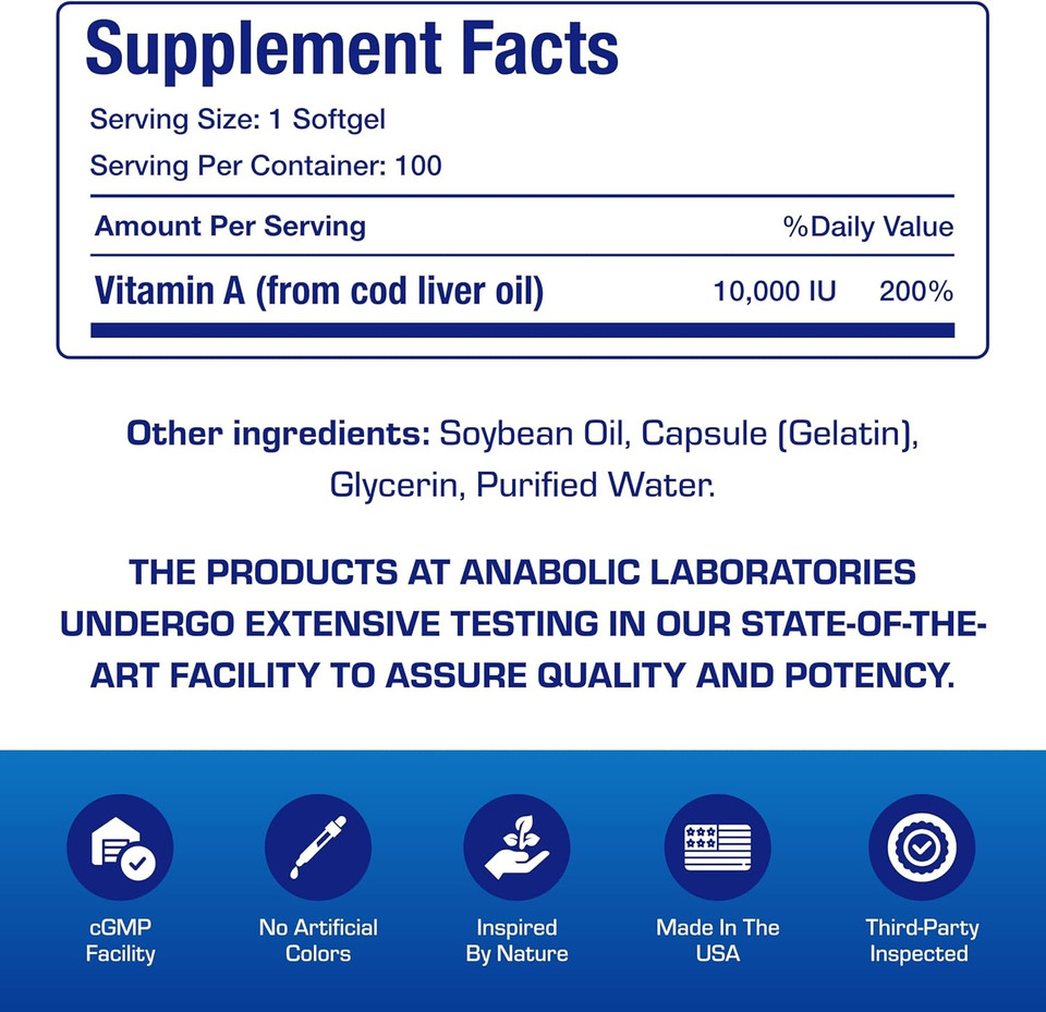 Vitamin A 10000 Iu Softgels - Clinical Formula Vitamin A Supplement From Cod Liver Oil With Broad Spectrum Retinoids For Eye Care Vision Support & Reproductive Health - Made In The Usa - 100 Servings