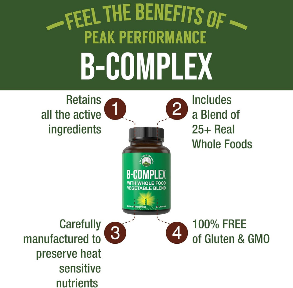 Vitamin B Complex Capsules + Whole Food Blend Of 25 Vegetables And Fruits For Max Absorption. Best Vegan B-Complex Supplement With Vitamin B1, B2, B3, B5, B6, B7, B9 And B12. 90 Capsules. Energy Boost