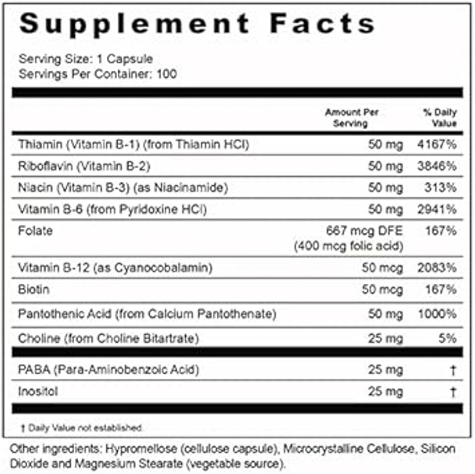 Vitamin B Complex Dietary Supplement - 100 Vegetable Capsules - For Overall Health