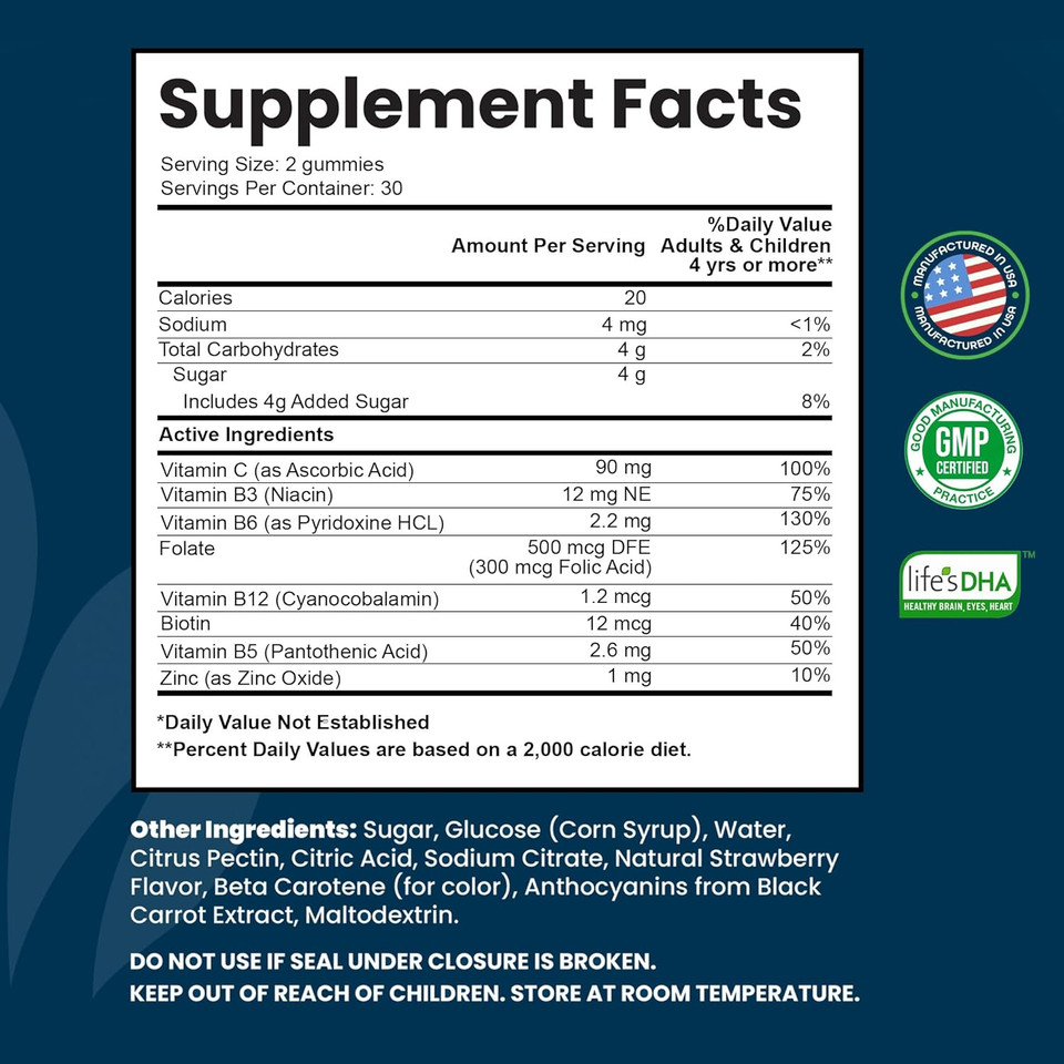 Vitamin B Complex Gummies For Adults, B Complex Vitamin Supplement For Women And Men, B Vitamins Complex Gummies For Energy And Brain Health, Natural Strawberry Flavor, 60 Count