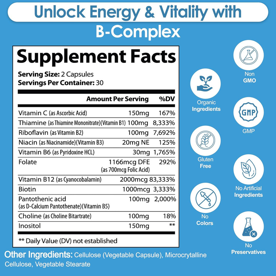 Vitamin B Complex With Vitamin C - B Complex Vitamins For Men And Women, 11-In-1 B-Complex For Brain & Energy Support, Immune & Nervous System Support - Non-Gmo, 60 Vegetarian Capsules