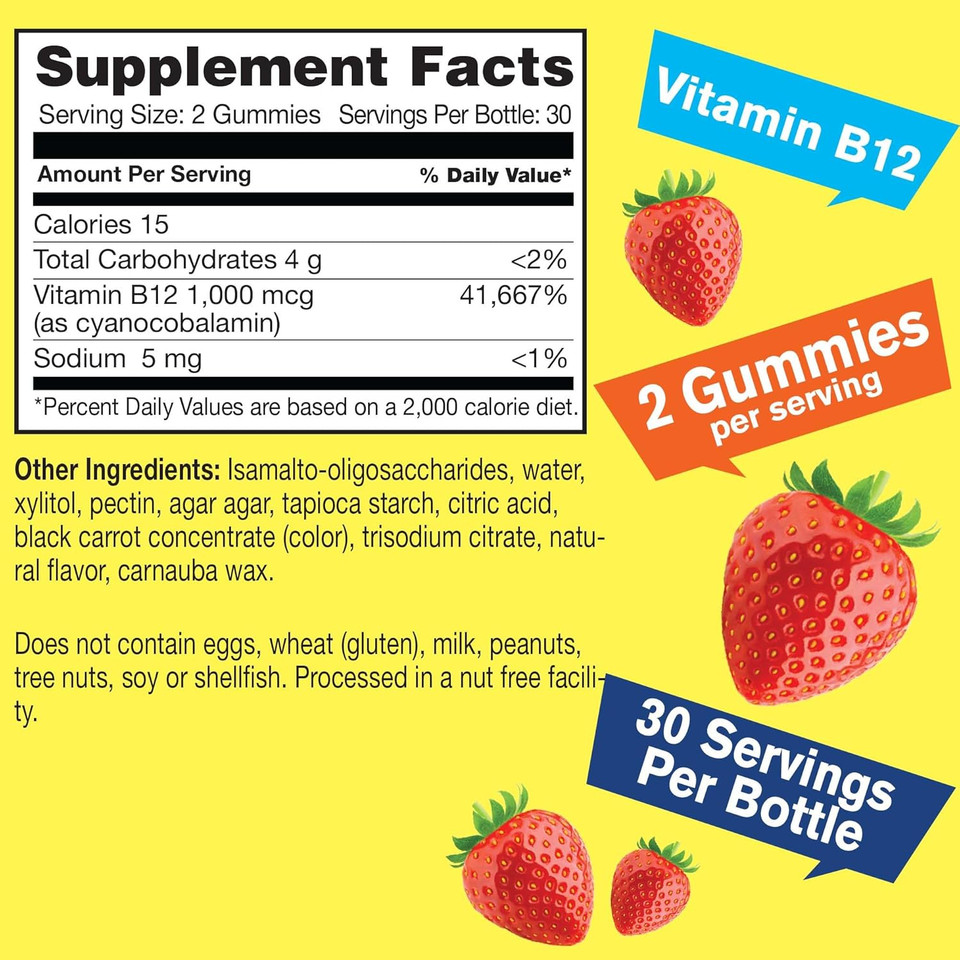 Vitamin B12 1000Mcg Sugar Free Gummies | Dietary Supplement | For Energy And Metabolism Support | Strawberry Flavor | 60 Count