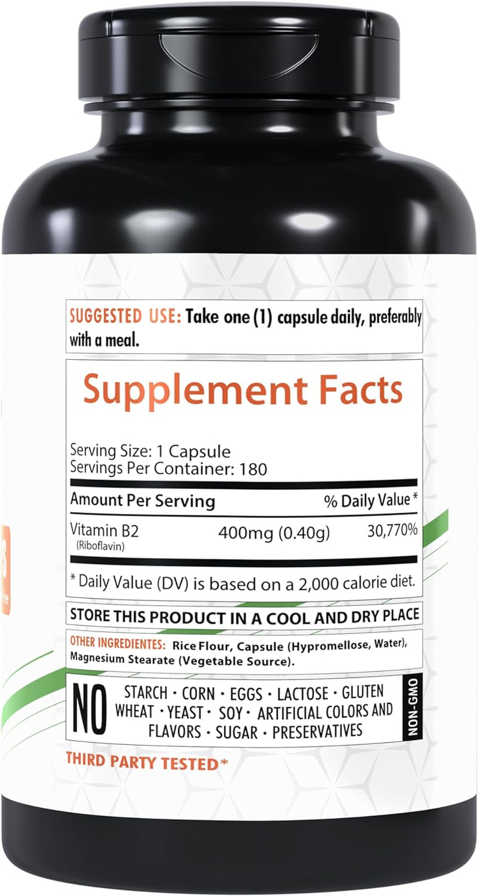 Vitamin B2 Riboflavin 400Mg | 180 Veg Capsules | Supplement | Gluten-Free | Non-Gmo