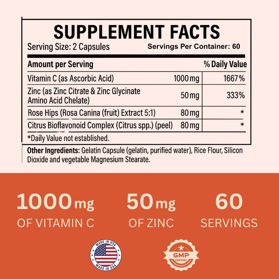 Vitamin C 1000Mg With Zinc, Rose Hips And Citrus Bioflavonoids, Immune Support Supplement Antioxidants Protection, 120 Capsules