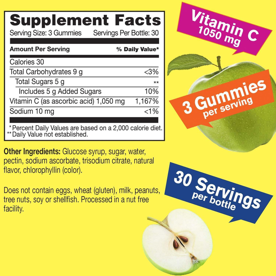 Vitamin C 1050 Mg Gummies - Natural Sourced Flavors - Immune Support Dietary Supplement, Antioxidant Support - Extra Strength Vegetarian Gummy, Non-Gmo, Gluten Free - 30 Servings