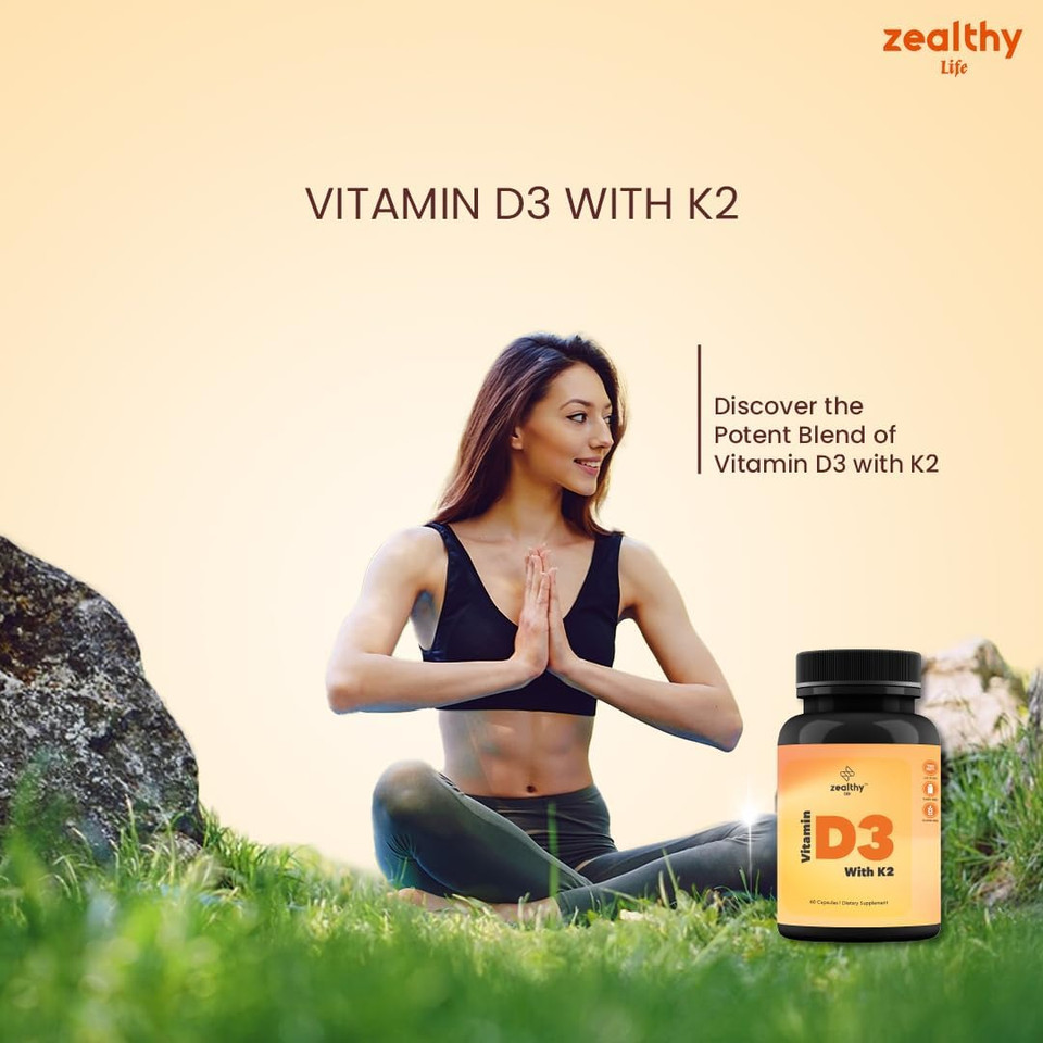 Vitamin D3 + K2 - High Potency Bone & Heart Health Formula* - 60 Easy-To-Swallow Capsules | Zealthy Life - 60 Capsules