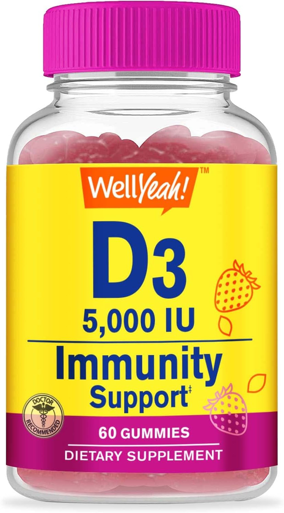 Vitamin D3 5000 Iu (125 Mcg) Extra Strenght Gummies -For Bone Health, Immune Booster, Bone And Teeth Support -Non Gmo, Gluten Free, Nut Free, Vegetarian -Strawberry Flavor -60 Gummies
