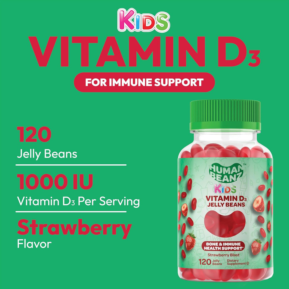 Vitamin D3 Jelly Bean Gummies For Kids, 25Mcg/1000 Iu Vitamin D, Nutritional Vegetarian Supplements, 120 Strawberry Blast Jelly Beans, Kosher