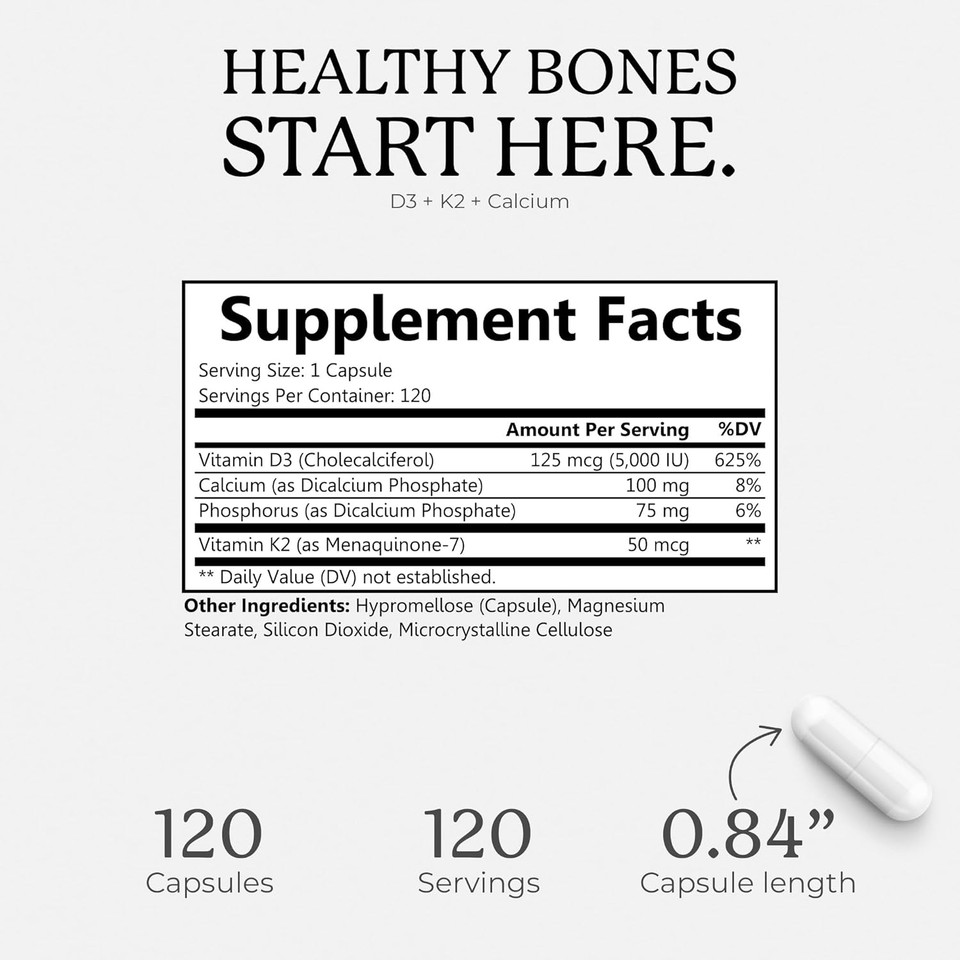 Vitamin D3 K2 - Vitamin D3 5000 Iu With Vitamin K2 As Mk-7, Calcium, And Phosphorus For Ultimate Absorption - Vitamin D Supplements, 120 Vegcaps, 120 Day Supply