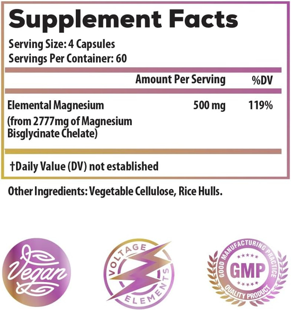 Voltage Elements Magnesium Glycinate Chelate 2777Mg - Promotes Relaxation & Deep Sleep - Elemental Magnesium 500Mg (240 Capsules) Vegan