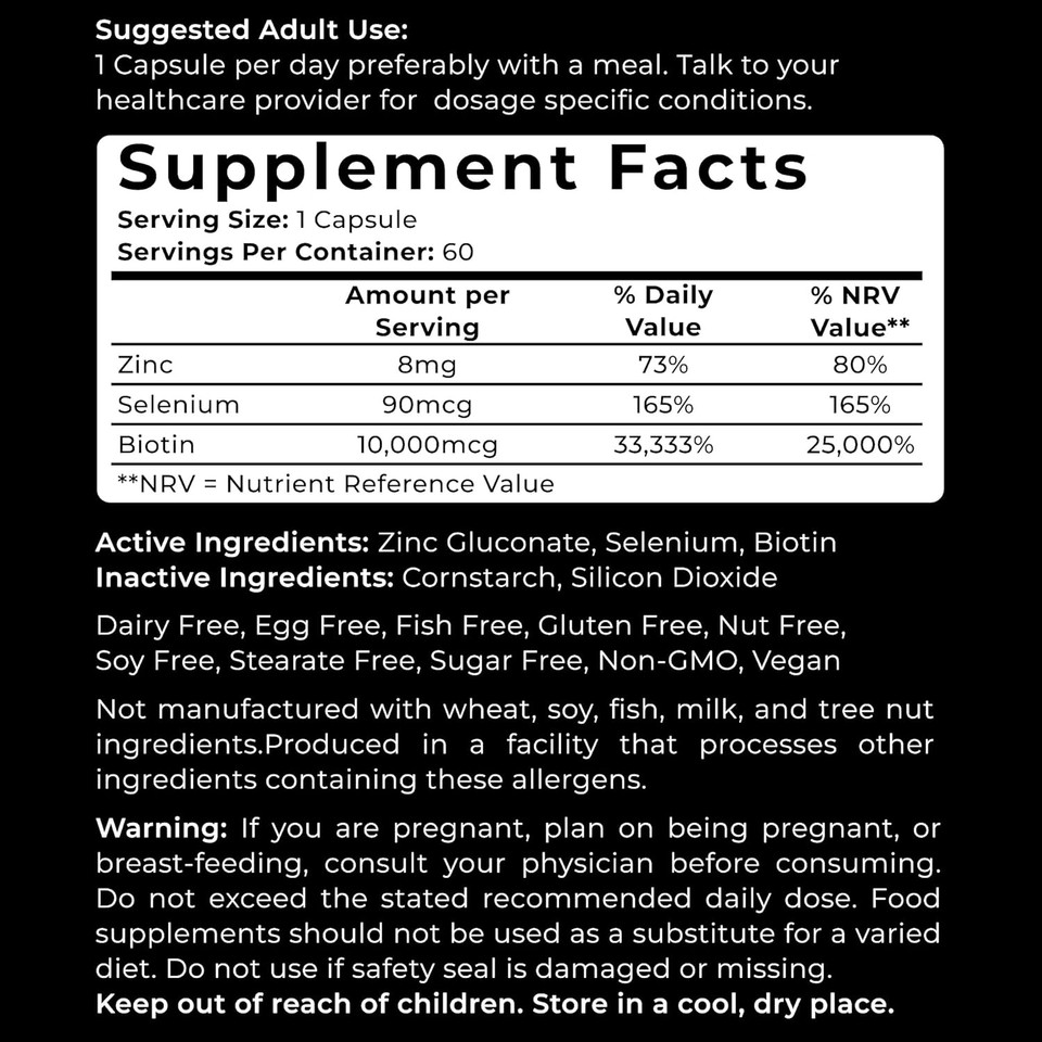 Vws Biotin 10,000 Mcg Dietary Supplement W/Zinc & Selenium To Promote Thicker Hair Growth, Stronger Nails & Healthy Skin For Women And Men, 120 Vegan Capsules